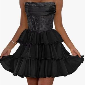 Elegant Prom Black Strapless Ruffled Dress